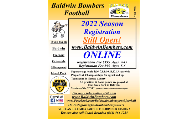Baldwin Bombers 2022 Registration REGISTER ONLINE! ITS NOT TO LATE TO PLAY!!!